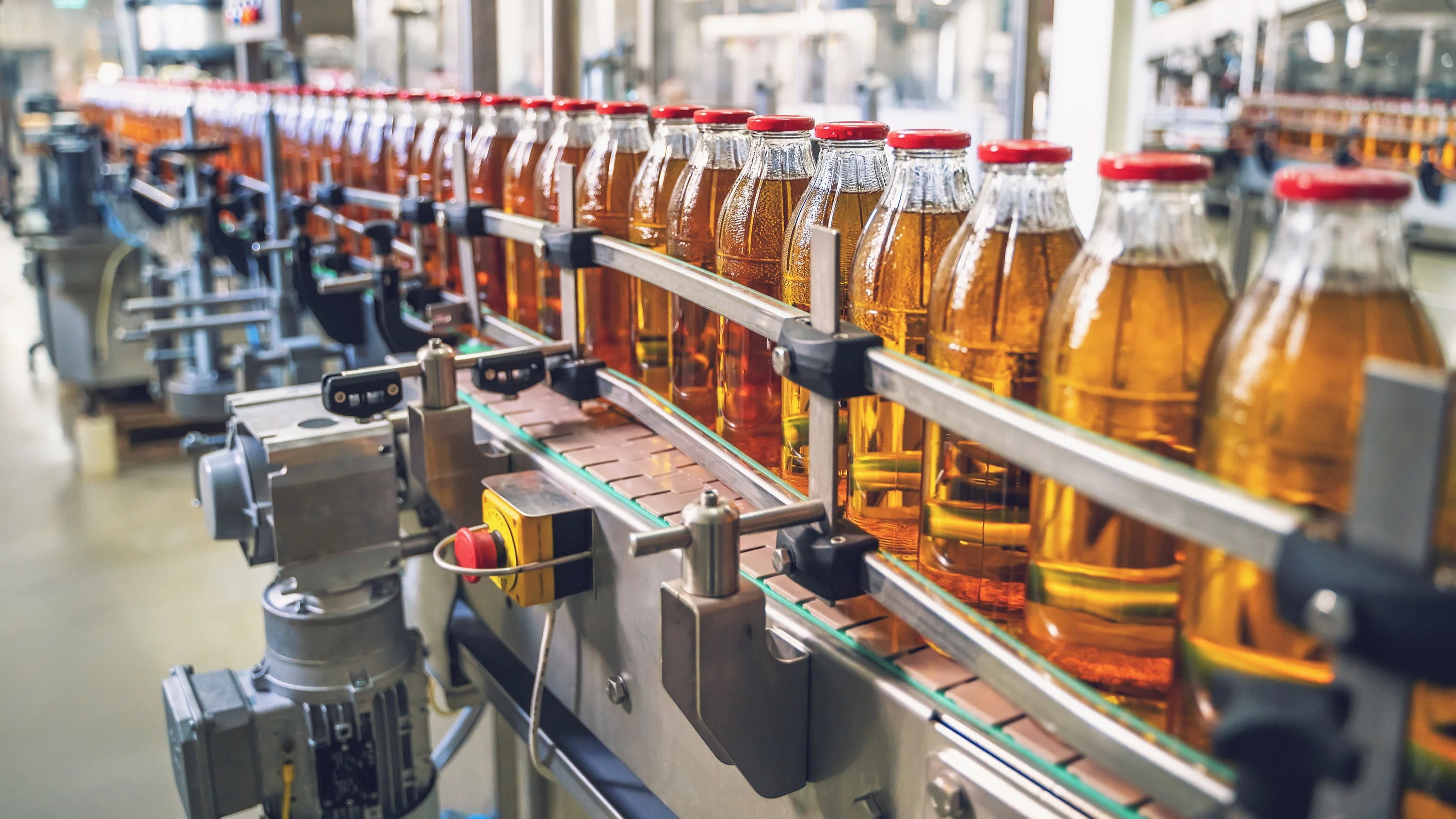 Glass bottles with amber liquid and red caps moving along an automated production line in a beverage factory.