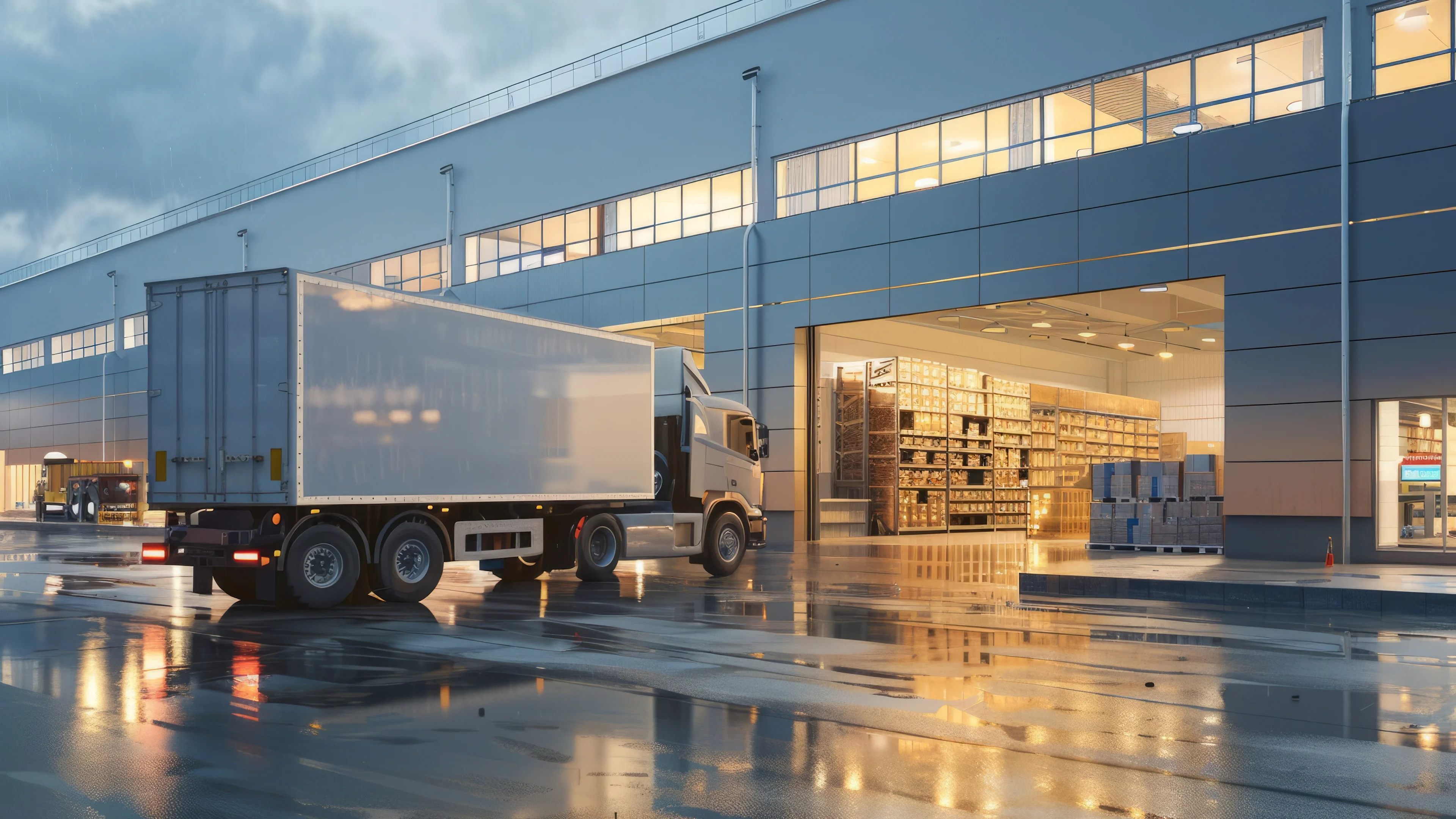White delivery truck at loading dock of modern warehouse facility with illuminated interior visible on rainy evening.