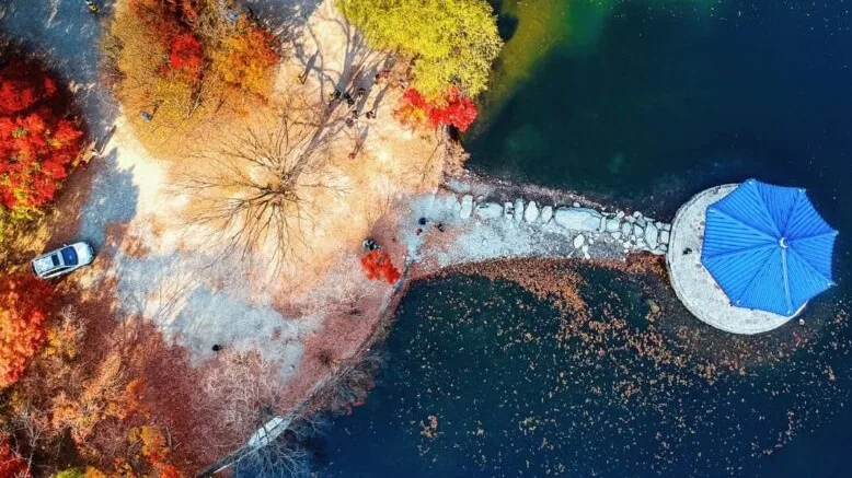 Aerial view of a gazebo on water