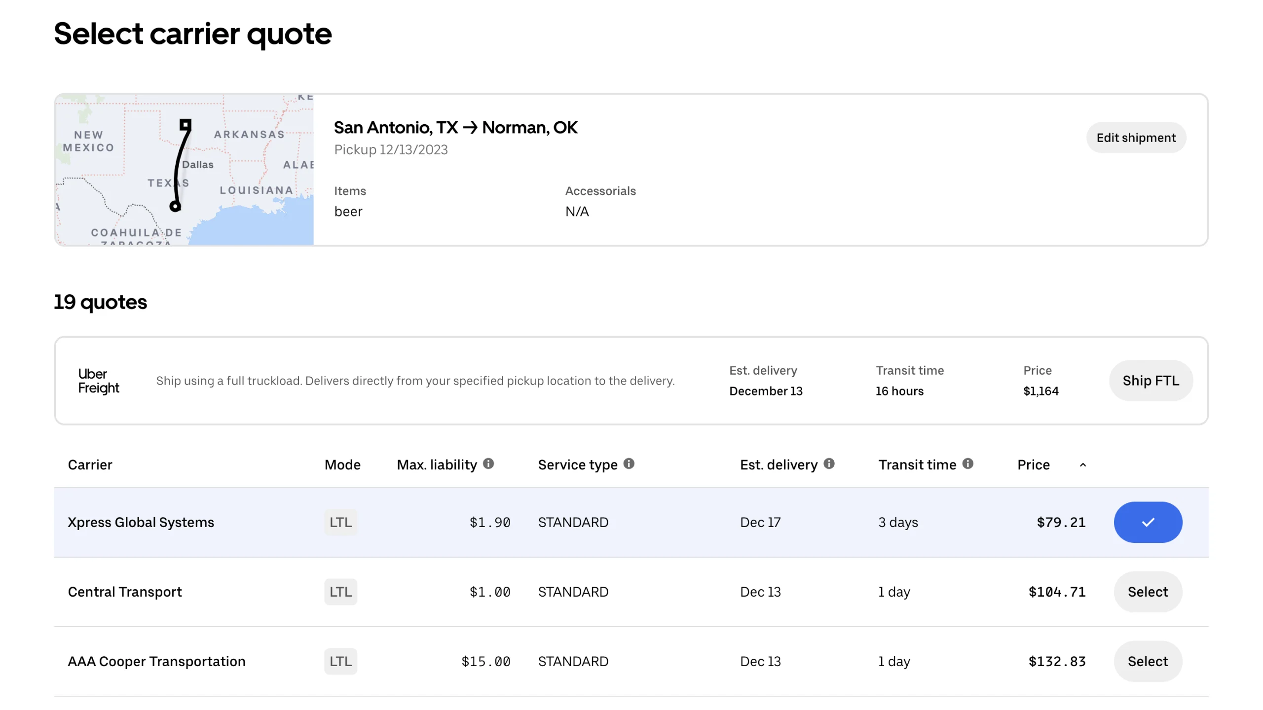 Carrier quote screenshot